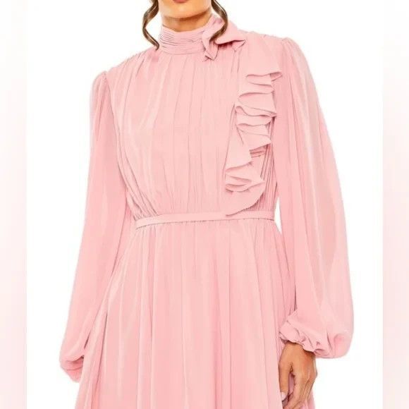 MAC DUGGAL WOMEN'S PINK DRAPED HIGH NECK LONG SLEEVED MINI DRESS SZ 4 NWT $298 - Picture 2 of 6